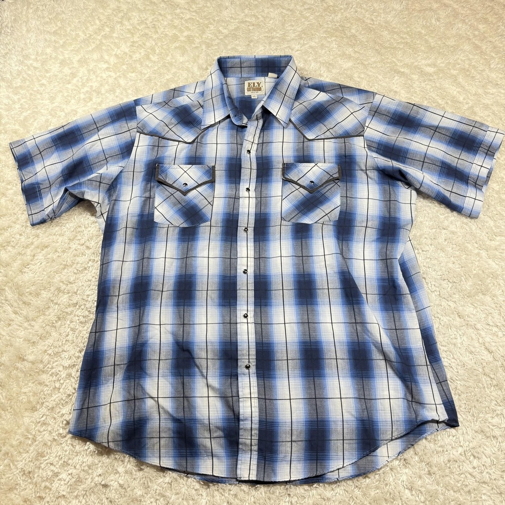 Ely Cattleman Shirt Mens XL Blue White Plaid Western Snap Pearl Cowboy Rodeo